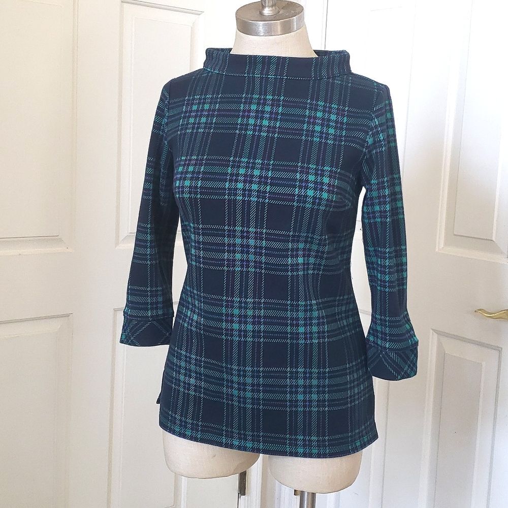 TALBOTS Funnel Neck Knit Top Blue Green Black Blackwatch Plaid - Picture 4 of 16